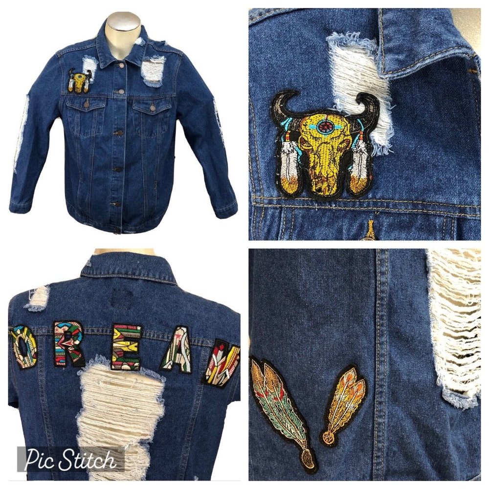 Boom Boom Jeans Jean Jacket Native American Design Blue Denim Size XL Women's